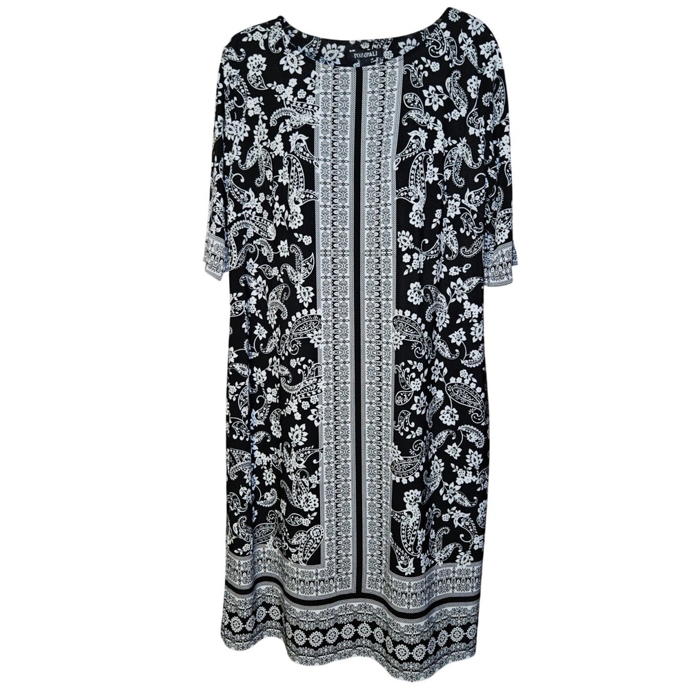Roz & Ali Dress Womens Large Black White Paisley Floral Split Sleeve Sheath New
